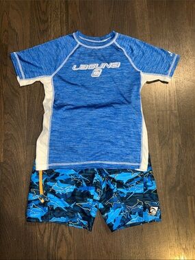 Kids Blue Short Sleeve Rash Guard & Shark Swim Trunks Set Size 10-12